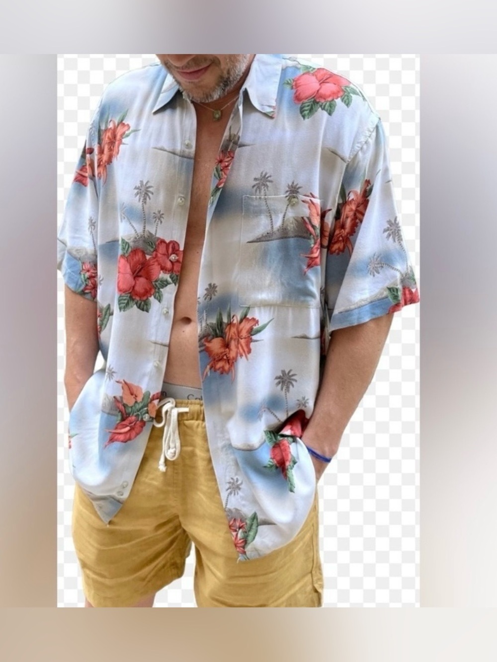 Pierre Cardin Light Blue and Cream Tropical Print Shirt Vintage 80”
